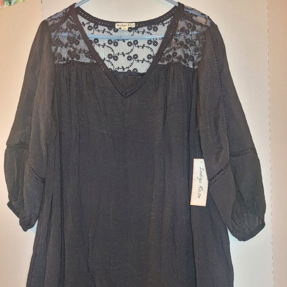 Indigo Rose Plus Size Woven Peasant Dress Boho Crochet Lace Black - Picture 1 of 2